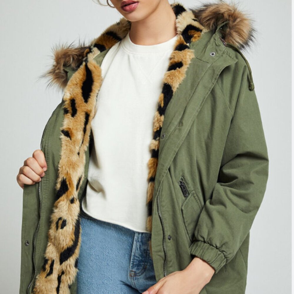 Superdry Olive Parka with Leopard Faux Fur